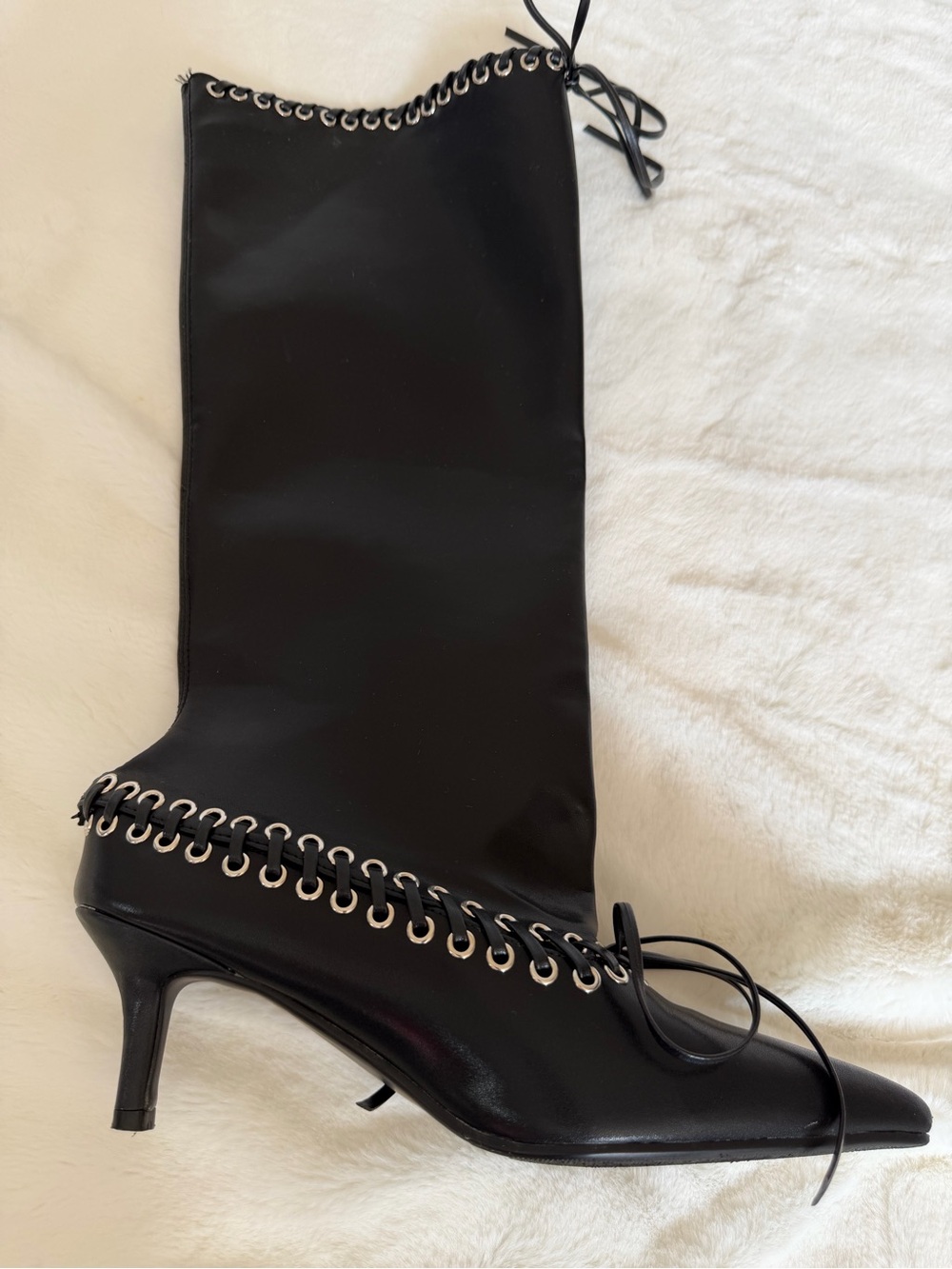 Goolita Metal Eyelets Pointed Toe Knee High Boots Women Kitten Heel Size 7 - Picture 9 of 16